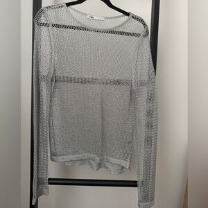 Metallic Silver Mesh Knit Long Sleeve Top